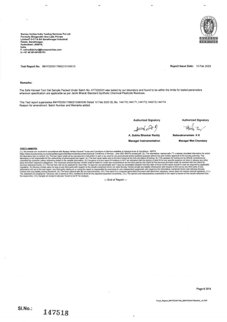 Safe harvest | Pesticide-free food products | Tur dal Certification